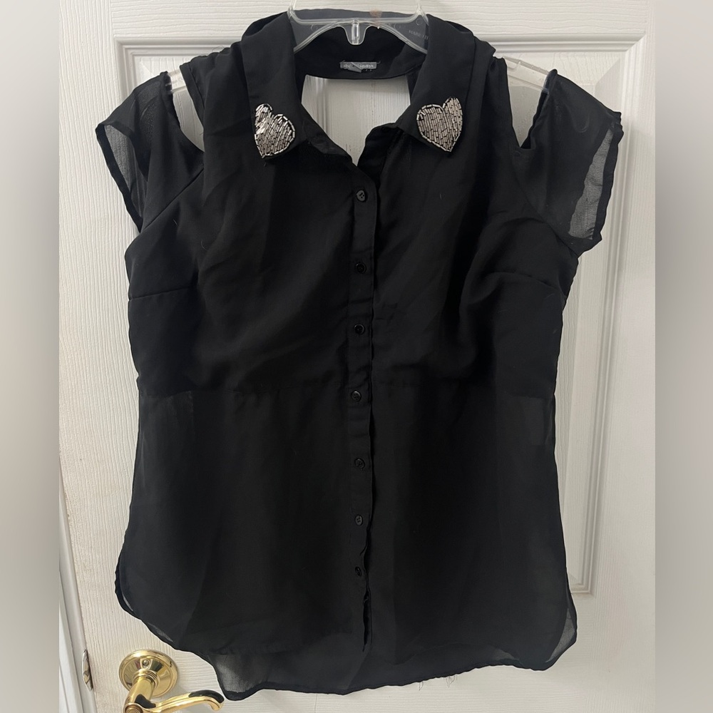 Black Flowy Cold Shoulder Top with Beaded Heart Accents